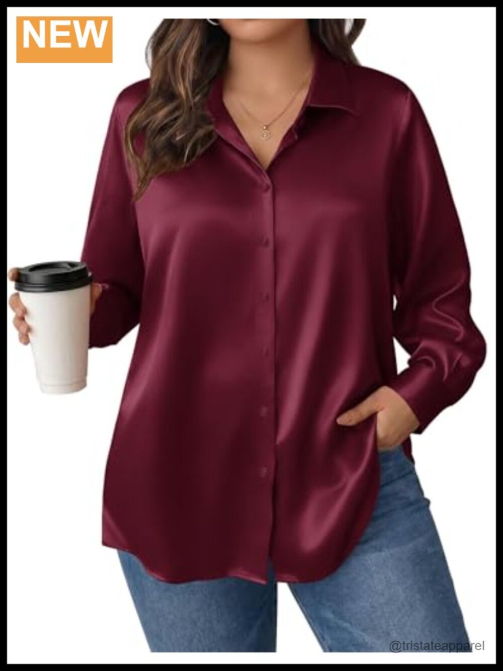 Plus Size Satin Blouse Long Sleeve Button Down Silk Shirt Women